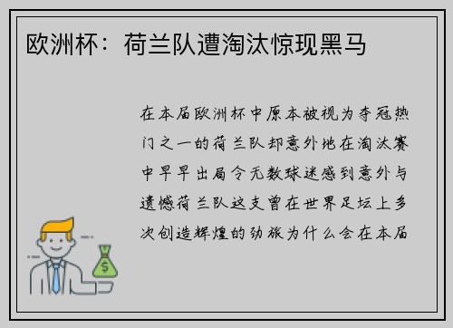 欧洲杯：荷兰队遭淘汰惊现黑马