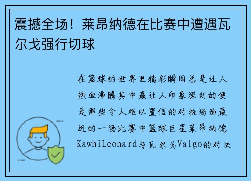 震撼全场！莱昂纳德在比赛中遭遇瓦尔戈强行切球