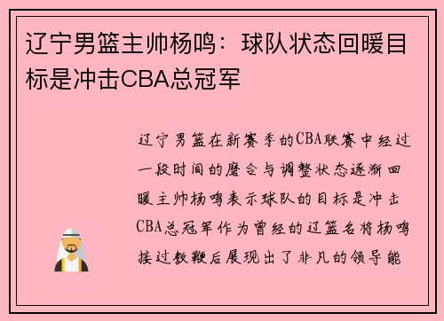 辽宁男篮主帅杨鸣：球队状态回暖目标是冲击CBA总冠军